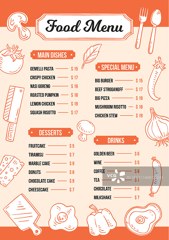 竖版数字餐厅菜单与食材图片素材