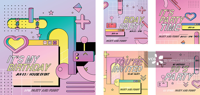 扁平风格90年代怀旧生日Instagram帖子图片素材