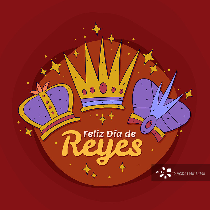 手绘西班牙语“国王节快乐”贺卡模板图片素材