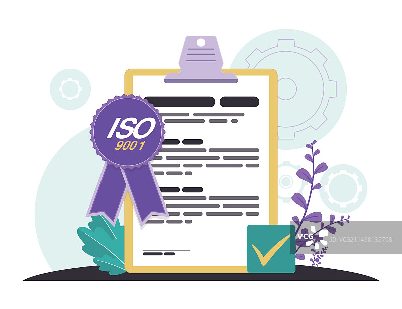 带紫色丝带的ISO 9001认证图片素材