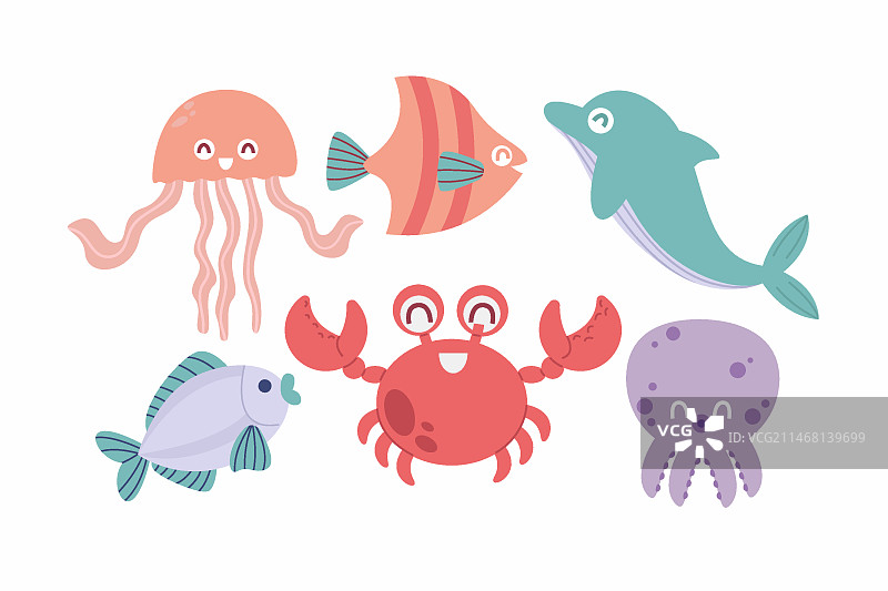 手绘扁平风海洋动物合集图片素材