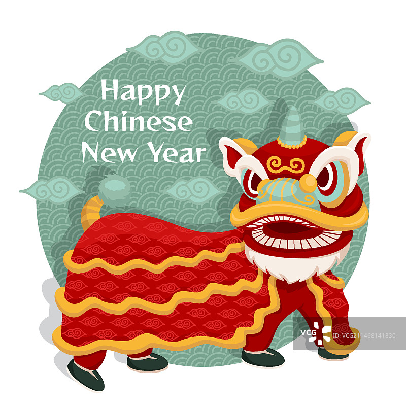 扁平风中国新年舞狮插画图片素材