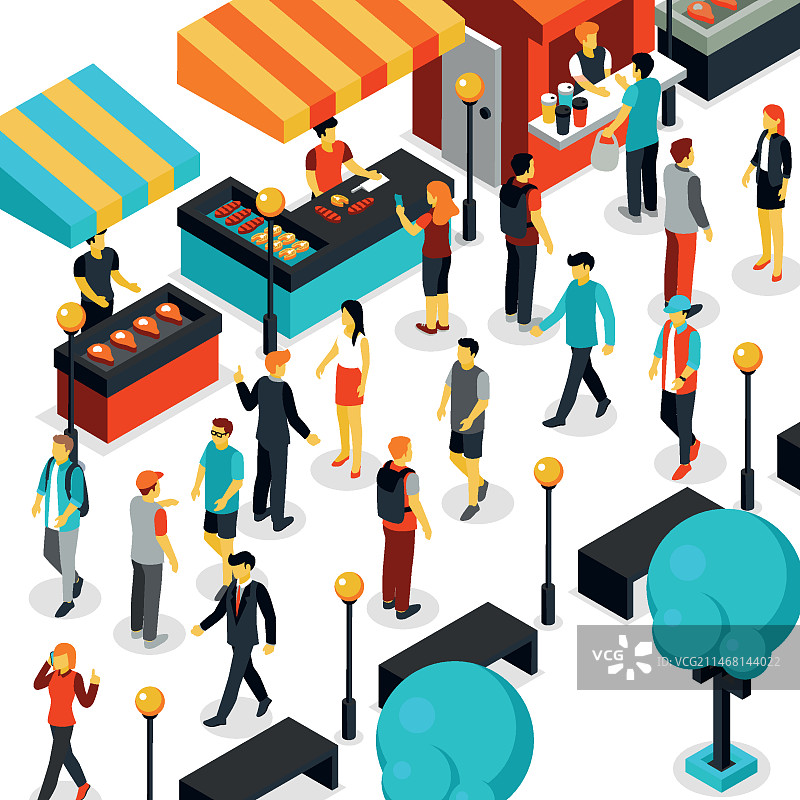 2.5D人群行走插画图片素材