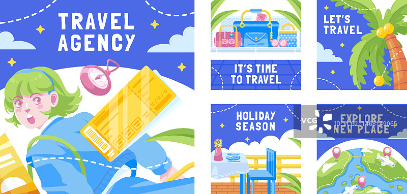 手绘扁平风格旅行社IG帖子系列图片素材