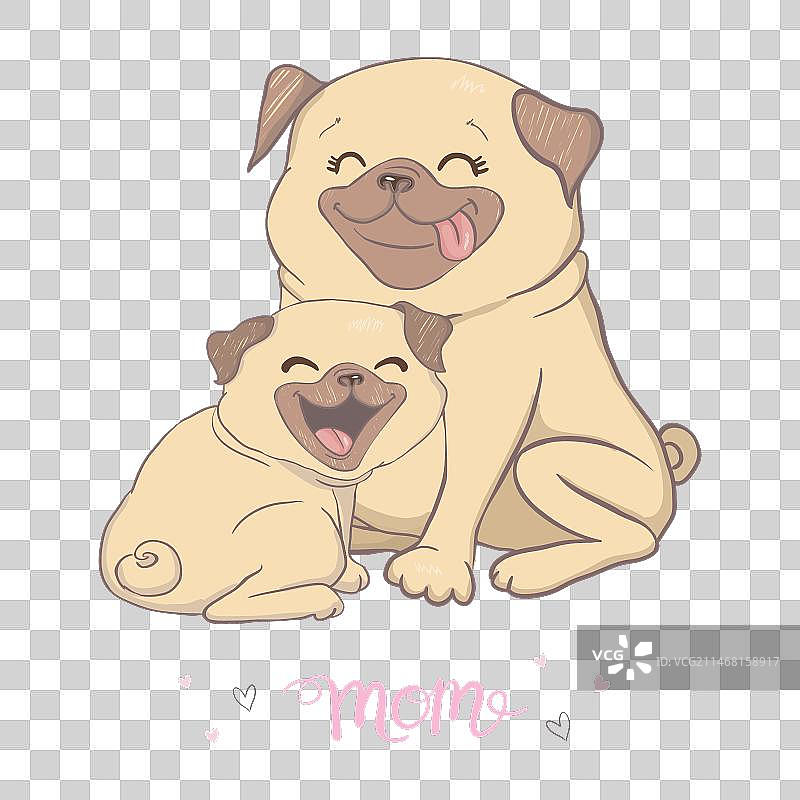 母亲节快乐，巴哥犬妈妈和小宝宝图片素材