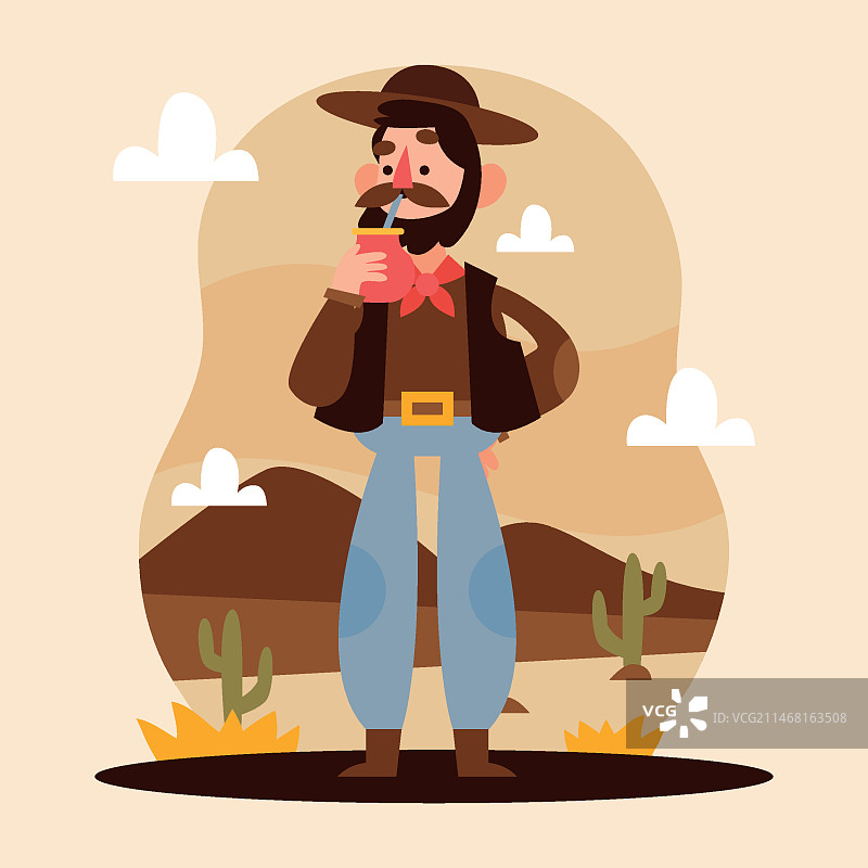 手绘风格高乔人喝马黛茶插画图片素材