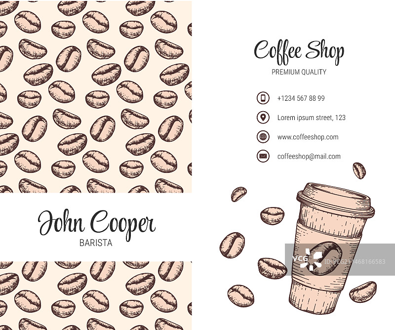 咖啡店手绘雕刻风格竖版名片模板图片素材