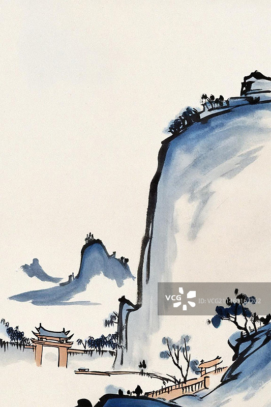 国画写意水墨水彩晕染青绿山水画颗粒质感手绘插画图片素材