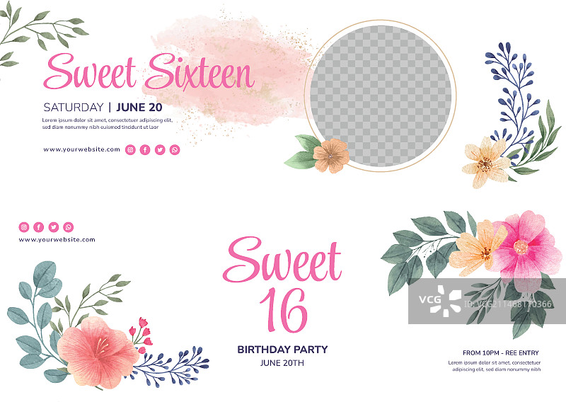 水彩花卉16岁生日横幅套装图片素材