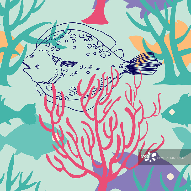 海洋生物无缝图案：菱鲆鱼设计图片素材