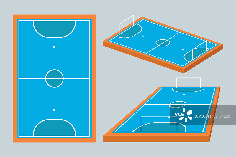 不同视角的蓝色室内足球场图片素材