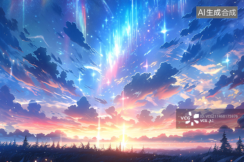 【AI数字艺术】梦幻极光插画，唯美卡通小清新浪漫夜空插图背景图片素材