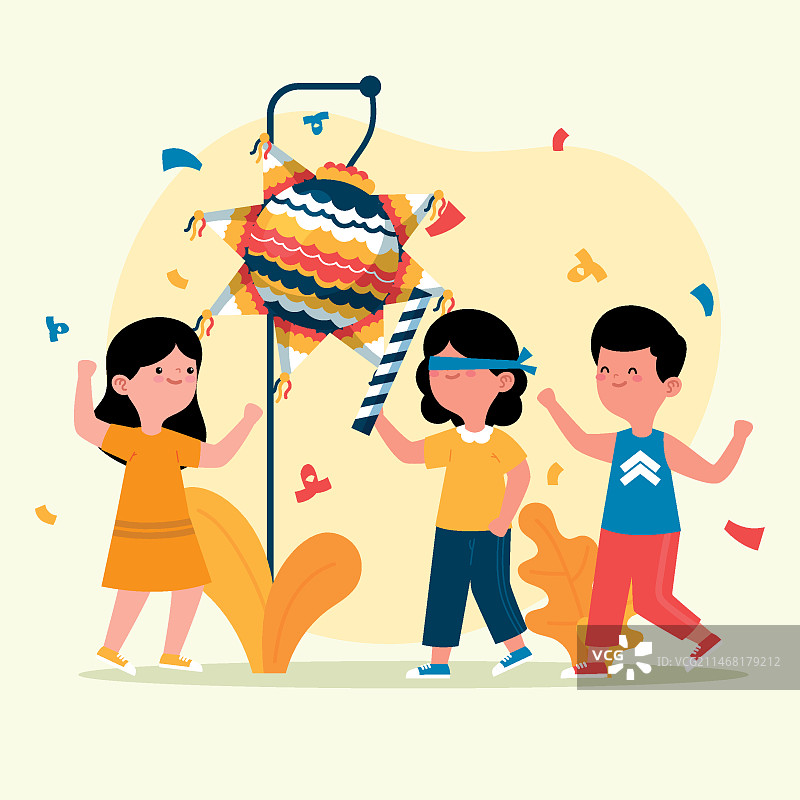 扁平风格儿童庆祝Posada节与彩罐图片素材