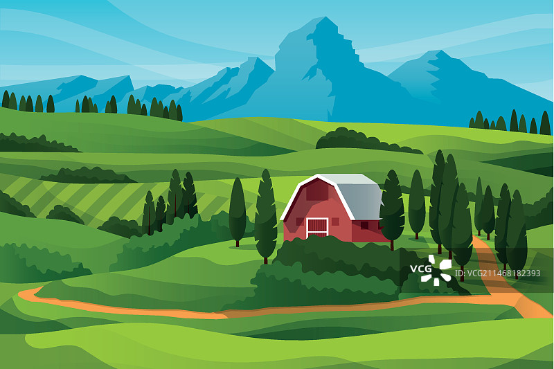 乡村农场和山脉图片素材