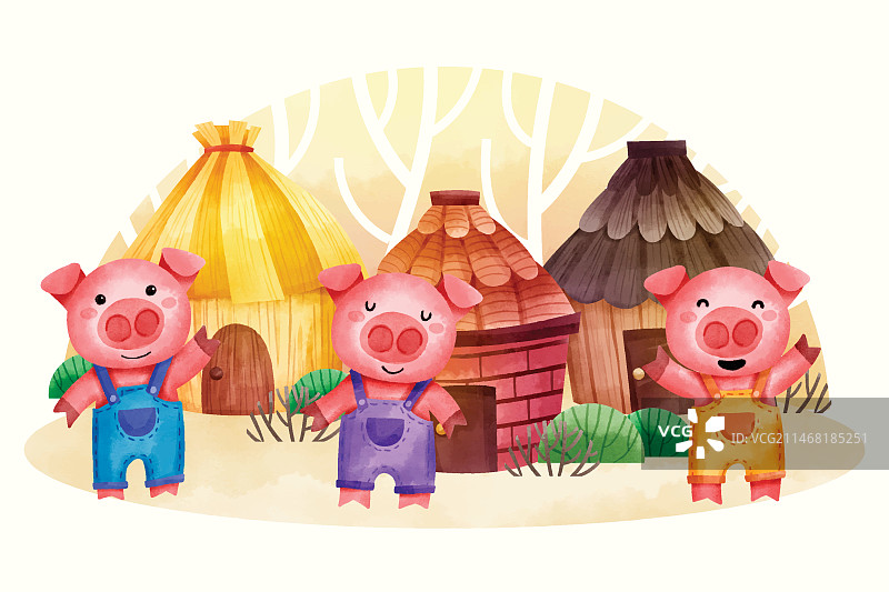 水彩三只小猪插画图片素材