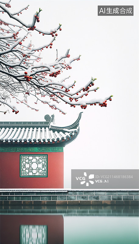 【AI数字艺术】红墙雪景,二十四节气，雪景背景，红色背景图片素材
