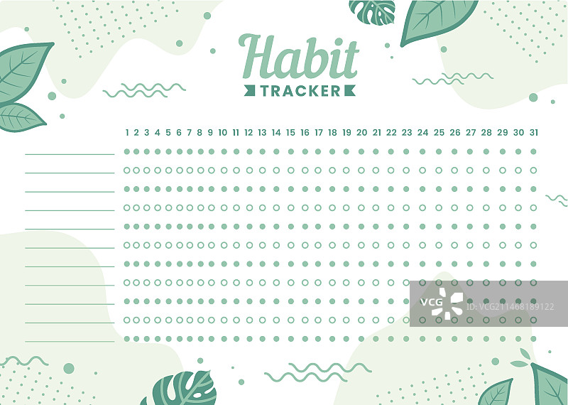 绿色树叶习惯追踪器模板图片素材