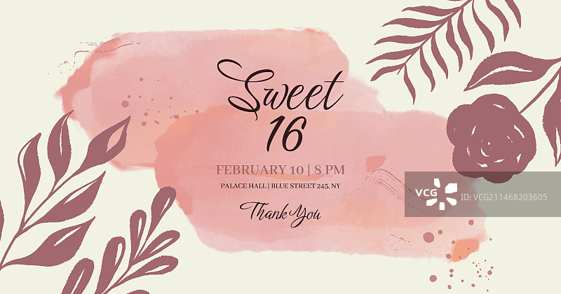 水彩手绘16岁生日社交媒体模板图片素材
