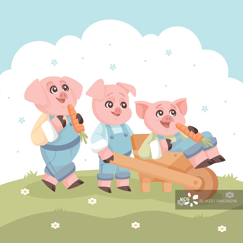 手绘三只小猪插画图片素材