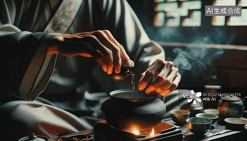 【AI数字艺术】茶壶和茶杯，围炉煮茶图片素材