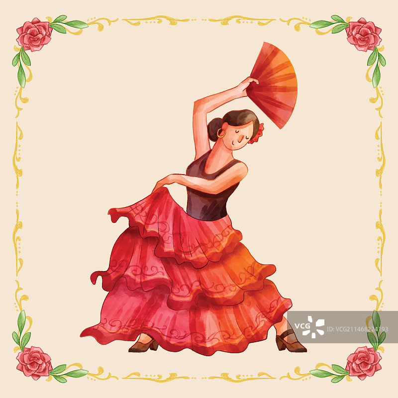 水彩弗拉门戈舞女郎插画图片素材