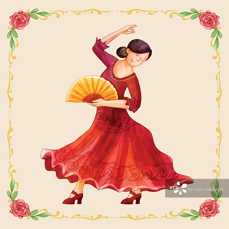 水彩弗拉门戈舞女郎插画图片素材