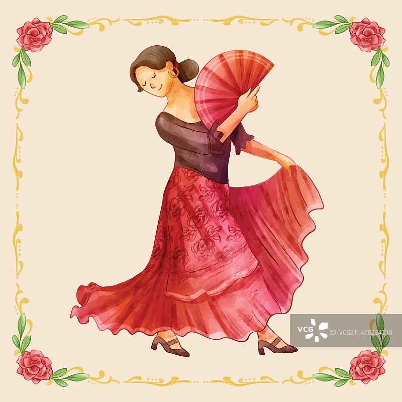 水彩弗拉门戈舞女郎插画图片素材