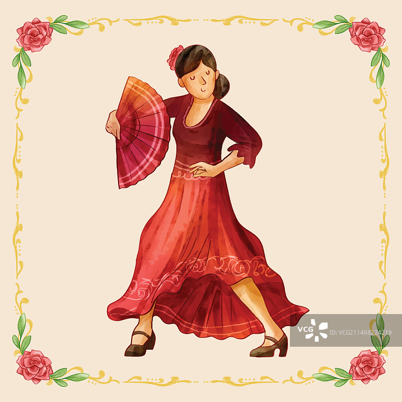水彩弗拉门戈舞女郎插画图片素材
