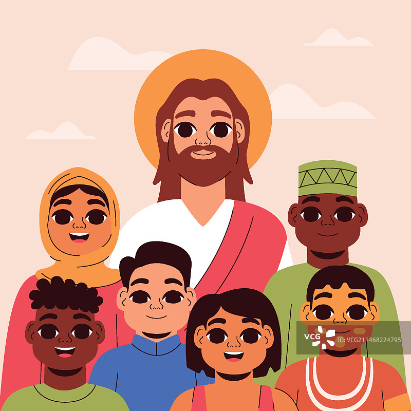 手绘耶稣与儿童插画图片素材