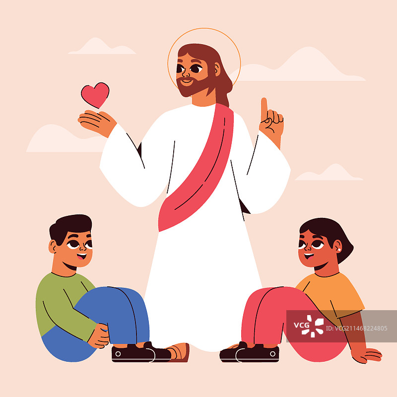 手绘耶稣与儿童插画图片素材