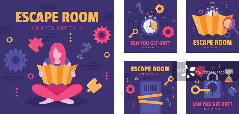 扁平风格密室逃脱Instagram帖子合集图片素材