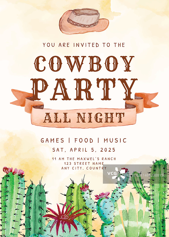 水彩牛仔派对邀请函图片素材