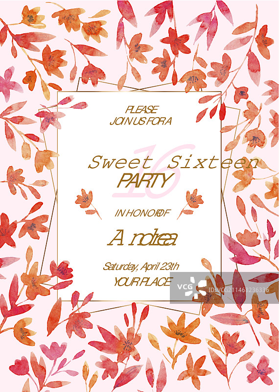 水彩花卉16岁生日邀请函模板图片素材