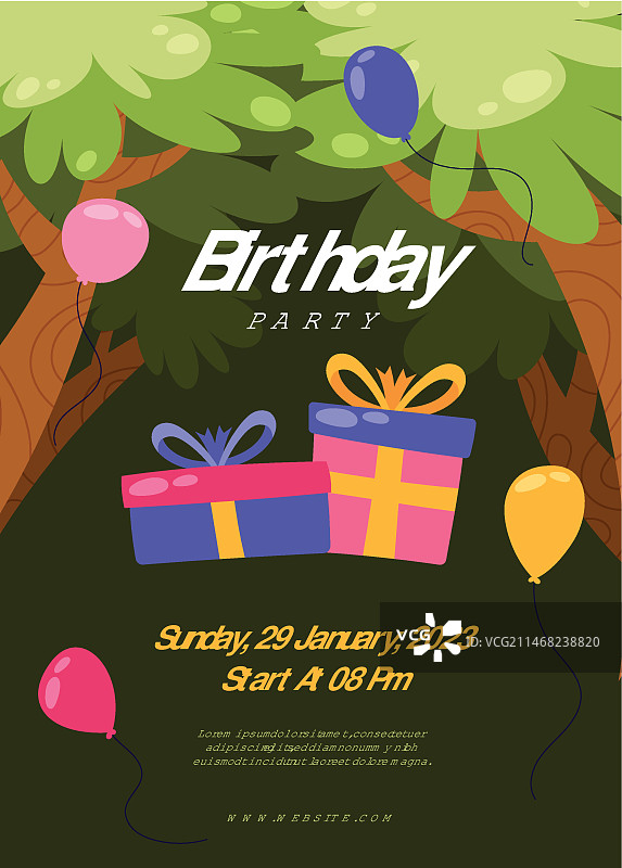 手绘卡通丛林生日派对竖版海报模板图片素材