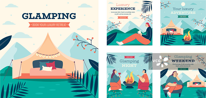 手绘扁平风格豪华露营模板图片素材