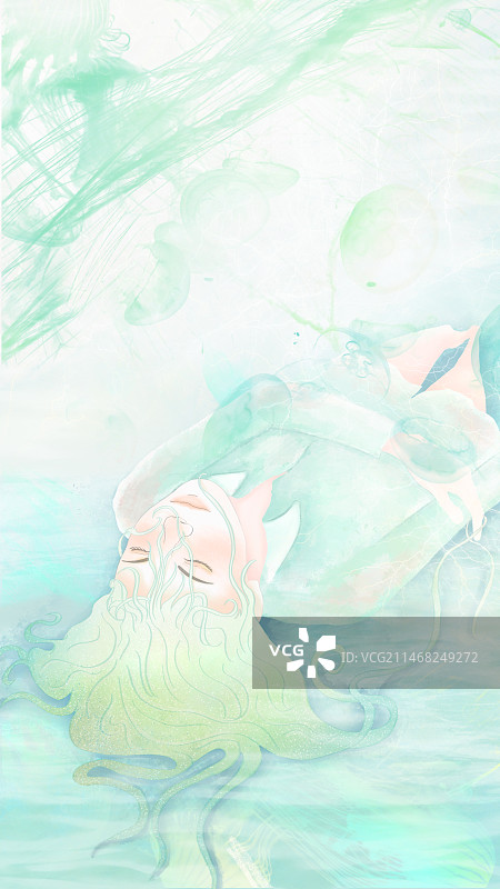 唯美海中少女手绘插画图片素材