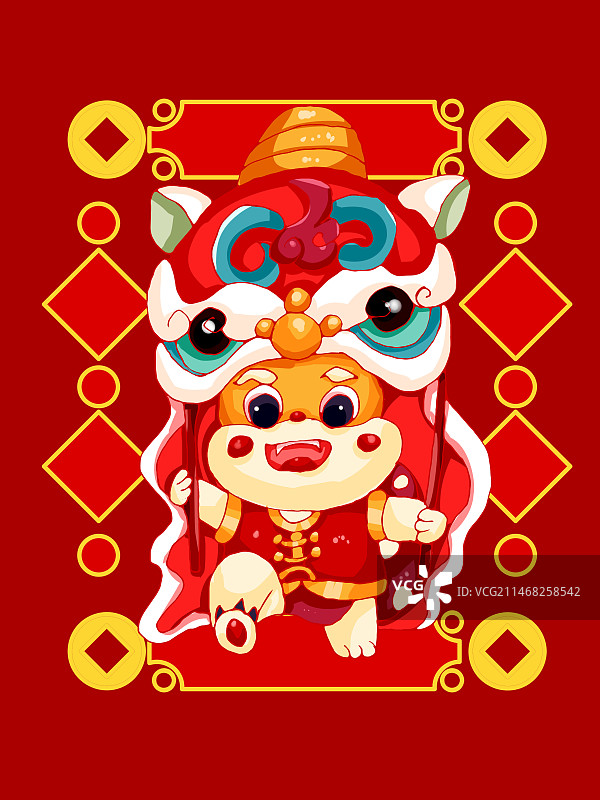 手绘卡通可爱新年龙年舞狮插画图片素材