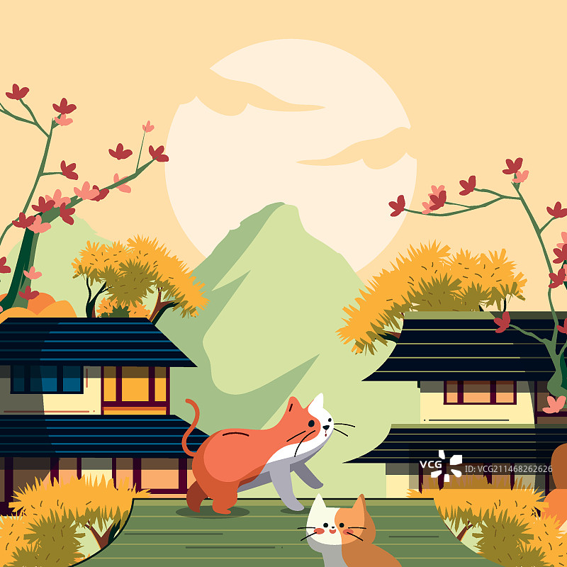 手绘日本猫咪插画图片素材