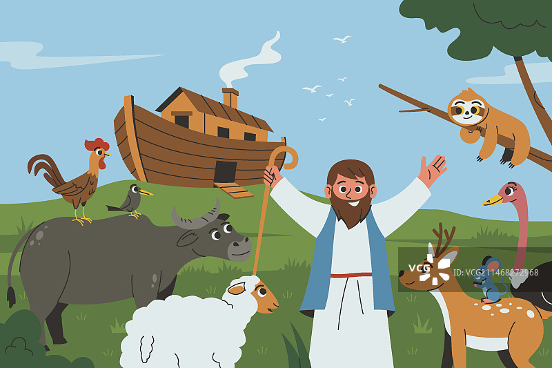 扁平风格诺亚方舟插画图片素材