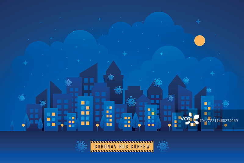 夜晚城市的新冠病毒宵禁概念插画图片素材