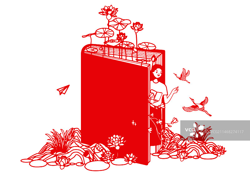 红色剪纸风格书籍教育插画图片素材