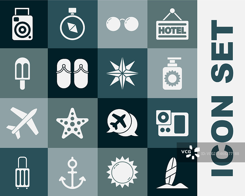 冲浪板照相机防晒喷雾瓶组合图片素材