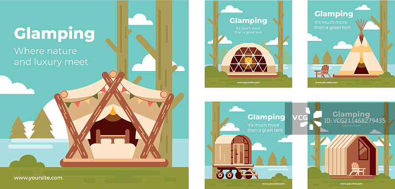 扁平风格豪华露营Instagram帖子合集图片素材