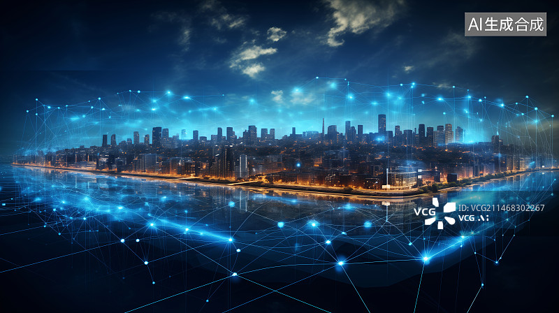 【AI数字艺术】未来科幻城市网格线包围图片素材