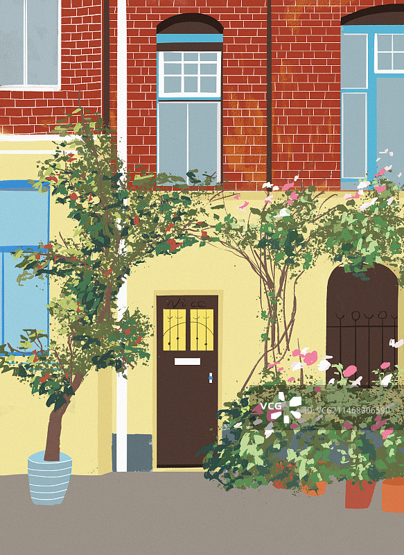 有花植物对建筑物的特写图片素材