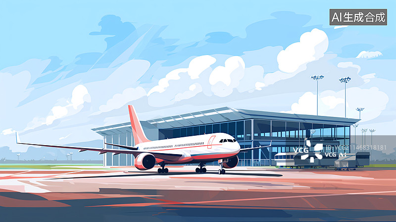 【AI数字艺术】机场值机等待起飞的客机插画图片素材