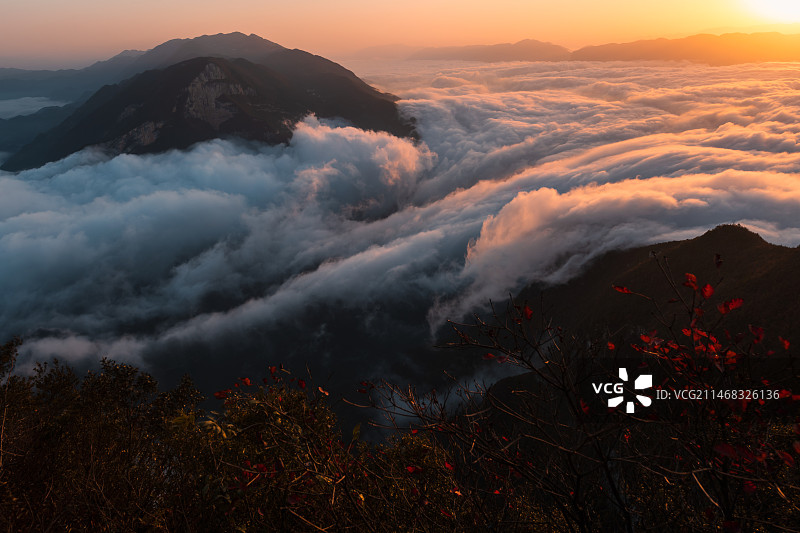 日出映照下的瞿塘峡云海图片素材