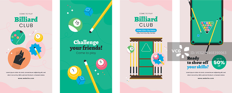 台球俱乐部扁平Instagram快拍合集图片素材