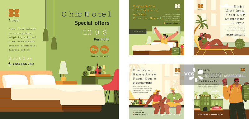 酒店住宿的扁平Instagram帖子合集图片素材