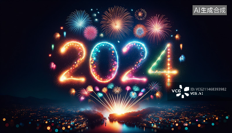 【AI数字艺术】夜间烟花表演的低角度视角，新年2024年，新年烟花图片素材